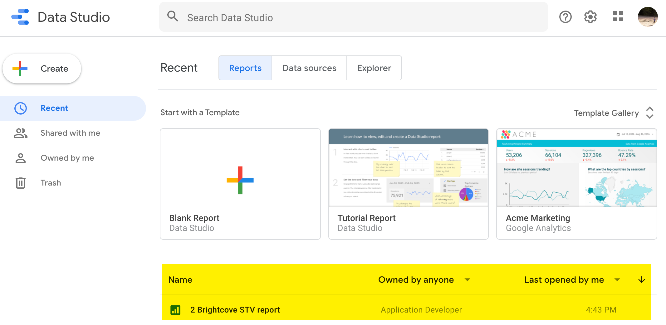 page de destination de data studio