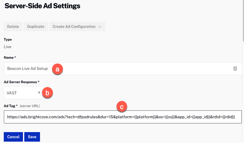 Configuration SSAI en direct